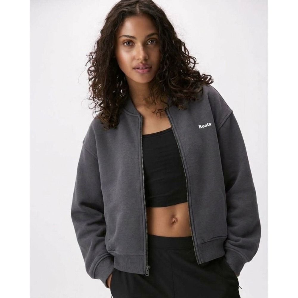 Roots Cloud Bubble Jacket Gray Full Zip Cropped Bomber Sweatshirt Womens XS